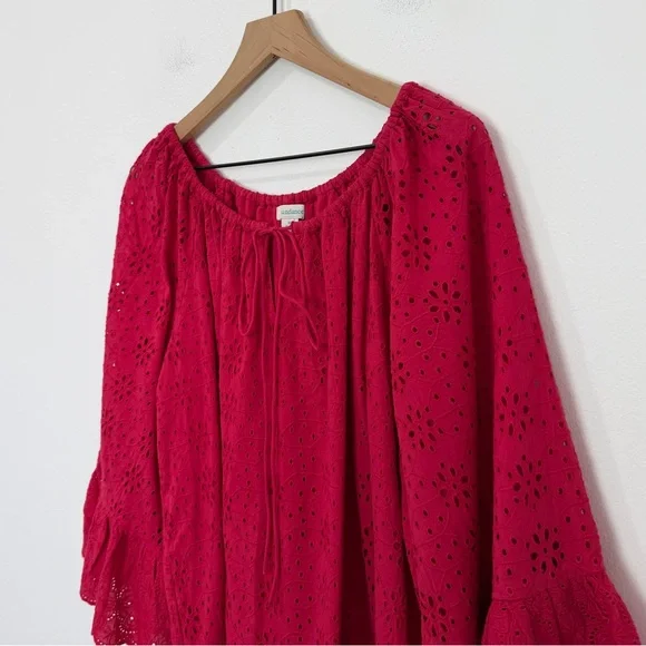 Sundance Moray Eyelet Bell Ruffle Sleeves Lipstick Red Coverup Tunic Dress XL - Picture 4 of 7